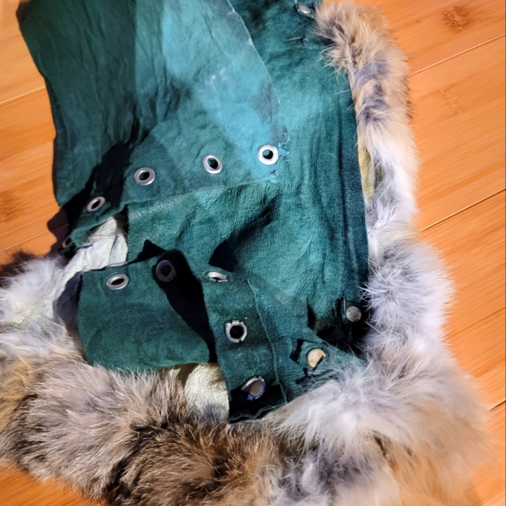 green leather and real fur shoulder piece armor tube top lace-up